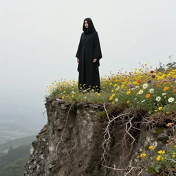a cloaked woman stands on a cliff edge of flowers, below the cliff are roots and thorns, by mike davis