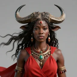 a realistic portrait of an african goddess warrior with buffalo horns who wears red, orisha oya, the goddess of the winds, octane render, hyper realist, portrait