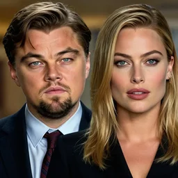 leonardo dicaprio as the wolf of wall street next to margot robbie as naomi from the wolf of wall street, hyper realistic faces, detailed eyes, cinematic, long shot, hyper detailed, 8 5 mm photograph, 8 k resolution, film still, sharp lens, wide lens