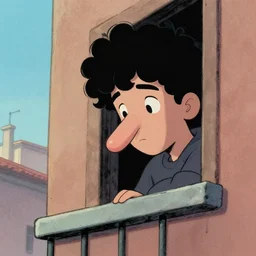 a teenager with a big nose and curly black hair staring boringly out of a balcony, graphic novel, by andrea pazienza