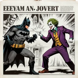 newspaper clip art depicting an epic showdown between batman and joker with comic panels