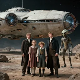 sharp, detailed, 256k film still from a sci fi blockbuster color movie made in 2020, set in 1860, of a family standing in front of a spaceship that has just landed on an alien planet, a humanoid alien creature stands nearby, the family are all wearing 1860s era clothes, cinematic lighting, good photography, sharp focus