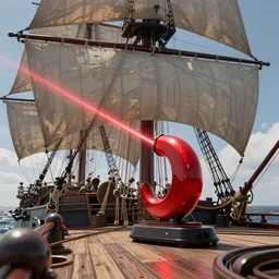 a red bend laser from deck of an old warship with sails, unreal engine, octane render, style of midjourney, highly detailed, elegant, digital illustration, detailed, intricate, sharp focus, digital painting, deep focus, artstation, art by artgerm and greg rutkowski