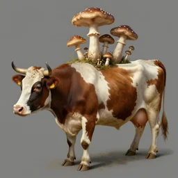 long shot photo of a cow with mushrooms sprouting from it's back and top, highly detailed, digital painting, artstation, smooth, sharp focus, illustration, art by artgerm and greg rutkowski and alphonse mucha