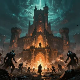 epic battlefield. medieval. epic fantasy castle. denis villeneuve. hr giger. night. glowing light. orange and teal. artstation trending. destruction. final battle.