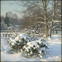 a winter landscape with shrubs and trees on a clear day, in art nouveau style