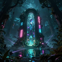 architecture by jean delville, at night rainforest fisheye evil tundra assassin's creed tokyo neon signs darkacademia universe made of glass gem synthwave extraterrestial nightvision infrared tron alien lake apocalyptic wilderness myst crystal cosmic dieselpunk atlantis sea desert laser biopunk, archdaily, wallpaper, highly detailed, trending on artstation.