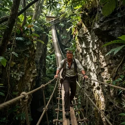 Chris Pratt playing India Jones, crossing a rope bridge across a huge chasm in the jungle, machete in hand