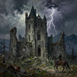 gothic castle ruins, a knight passing by on horseback, thunderstorm, very high mountains in the background, oil painting using zorn palette,