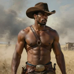 a beautiful dramatic epic painting of a handsome! thick shirtless black man. he is wearing a leather harness and cowboy hat. prairie setting, dust clouds. homoerotic, highly detailed, dramatic lighting. by Mark Maggiori, by William Herbert Dunton, by Charles Marion Russell | trending on artstation