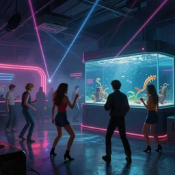 people dancing in a cyberpunk nightclub with a large aquarium. smoky room with lasers and neon lights. Painting by Syd Mead. 70's Sci-Fi. highly detailed digital art, trending on artstation.
