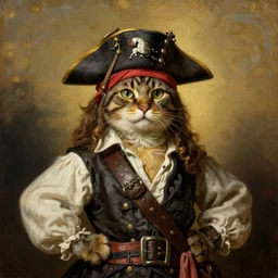 a cat dressed as a pirate, proudly posing for a portrait, centred, painted by rembrandt intricate ultra detailed painting atmospheric lighting golden hour