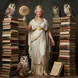 a older anya taylor - joy as the goddess minerva surrounded by stacks of books, owls, esoteric symbols, in the style of thomas dodd, 8 k, hyperdetailed