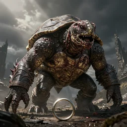 elden ring, dark souls, humanoid meaty turtle monster, photorealistic, grimdark, gruesome, full height, front view