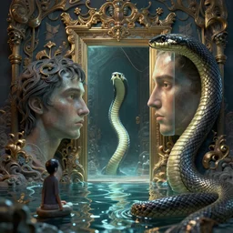 hyperreal ultra detailed hypnagogic recollections from the waters of the unconscious, a 3 d psychopomp watching on, a man's face, a mirror, a doorway threshold, a huge snake, smooth, sharp focus, global illumination, ornate, art by shaun tan and daniel merriam and dan mumford octane render