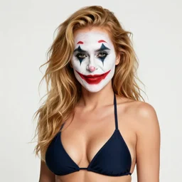 face shot Pamela Anderson in a bikini with joker makeup