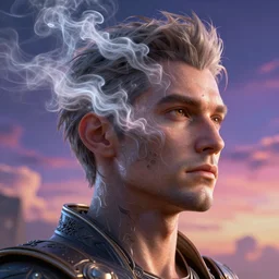 portrait of man, his head is in smoke vaporizing, colorful vivid sky in background, made andrew chiampo, artstation, frederik heyman, extremely detailed, stunning volumetric lighting, fantasy, hyperrealism, 3 d render, octane render, unreal engine, fantasy, intricate detail, 4 k, futuristic, sharp focus, smooth