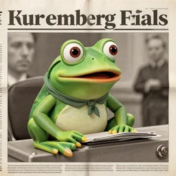 pepe the frog at the nuremberg trials, 8k, newspaper photography
