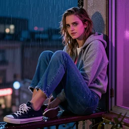 emma watson in jeans and hoodie sitting on the balcony at night neon and rainy theme atmosphere by Jerome Opeña trending on artstation