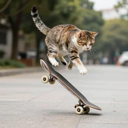 a cat doing a kickflip on a pizza skateboard.