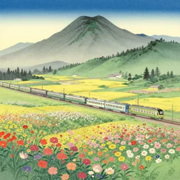 Wide scene of a train passing through a flower laden valley in front of mountains, japanese illustrated handscroll