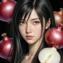 the portrait of an unbelievably cute asian woman partially made of onions of all colors, an ultrafine detailed illustration by james jean, final fantasy, intricate linework, bright colors, behance contest winner, vanitas, angular, altermodern, unreal engine 5 highly rendered, global illumination, radiant light, detailed and intricate environment