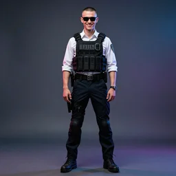 detailed character full body portrait of a skinny buzz undercut masculine androgynous handsome federal government agent smirking sunglasses white button down shirt tactical bulletproof kevlar on smoky neon background artgerm greg rutkowski mucha