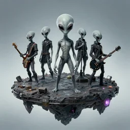 a gray alien rock band performing on a floating platform
