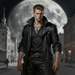 A portrait of a cyberpunk thug on the street of a Soviet city on the moon, Norilsk, sci-fi, fantasy, intricate, very very beautiful, elegant, highly detailed, digital painting, artstation, concept art, smooth, sharp focus, illustration, art by artgerm and greg rutkowski and alphonse mucha