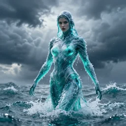 ninja made of water, female made of water, rising up from ocean, water armor, high detail, high contrast, close up portrait, studio lighting, stormy seas, beautiful, bokeh, snowy, storm clouds, god rays, d & d, fantasy, elegant, aquamarine color palette, concept art, annie leibovitz, roger deakins and greg rutkowski and alphonse mucha