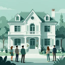 people looking at a house, intricate, elegant, highly detailed, vector illustration, artstation, concept art, smooth, sharp focus, illustration, art by samuel werczler, tom whalen, niark 1, jonny wan, sea green color scheme