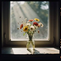 kodak portra 4 0 0, wetplate, moody still life 1 8 4 5 portrait by stanley kubrick of a single jar filled with flowers, sparkling jewels between a sunlit window, in bright warm sunlight, godrays shinging through the window, golden summer, muted colours, haze, trees outside, no people