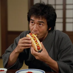 scene from Kagemusha, 1980, movie still, cinematic, a samurai eating a hot dog, mustard and ketchup,
