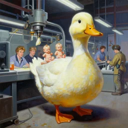 A mixed media painting of a duck worker in front of an assembly line with babies on it, by Frank Frazetta, Greg Rutkowski, Beeple, post-processing, low angle, masterpiece, cinematic, isometric, volumetric lighting