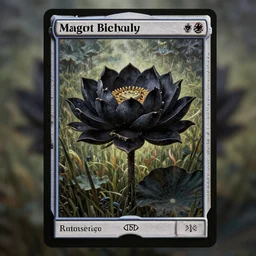 a beautiful and hyperdetailed tarot card of a black lotus flower in a field, in the style of magic the gathering!!!! 8 k, volumetric lighting, cinematic, find detail, cell shaded, intricate detail, octane render, art by greg rutkowski and albert bierstadt