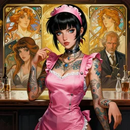 portrait of a cyberpunk tattooed barmaid, path traced, highly detailed, high quality, digital painting, alena aenami, lilia alvarado, shinji aramaki, karol bak, alphonse mucha, tom bagshaw