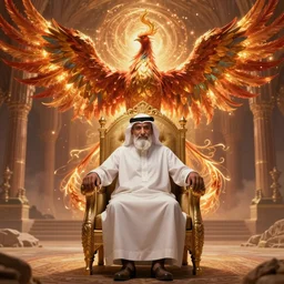 arabian hassan old man on throne chair rising as a phenix + epic wide scene, cinematic lighting, artgerm, artstation, deviantart, 8 k, high detailed