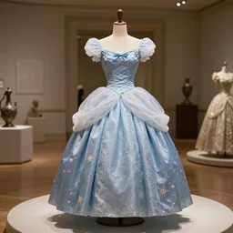 the film still photographed image is a fantasy vintage royal summer day dress ensemble from the 1 9 6 0 s. the ensemble is inspired by cinderella. it is displayed on a mannequin in a royal museum exhibit.