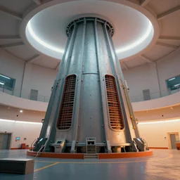 retrofuture soviet nuclear reactor hall with open reactor. cinematic environment design, contrast, colors, simple shapes design. trending on artstation.