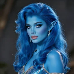 blue-skinned elf girl, blue girl, blue skin, blue, glam hair, 80s hair, 80s clothes
