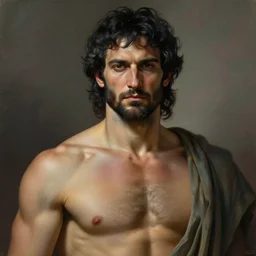 painted portrait of rugged greek god, black hair masculine, mature handsome upper body muscular torso fantasy, intricate, elegant, extremely detailed digital painting trending artstation concept art heroic portrait sharp focus, illustration, art by greg rutkowski magali villeneuve gaston bussiere