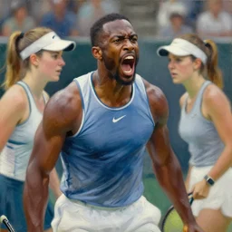ray lewis yelling at women's tennis, impassioned, oil canvas, portrait by william sidney mount, trending on artstation