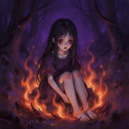 young creepy girl sitting inside circle of dark purple fire, painted by raymond swanland, little nightmares, detailed,