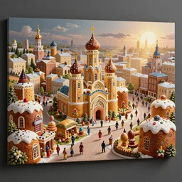 by david bates ultradetailed. a print of a city made entirely out of kulich, a traditional russian easter bread. the city is bustling with activity. the print is playful & whimsical, with a touch of magic.