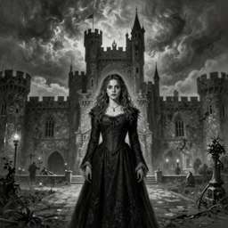 By Tom Bagshaw and Boris Vallejo, ultra realist soft painting of castle court by night, centered fading Hermione Granger fully dressed, horror, omnious sky, symmetry accurate features, very intricate details, black and white, volumetric light clouds, 8K