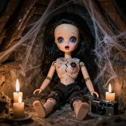 macro closeup old flash photo of a creepy dirty shocked scared whimsical cracked hellraiser mechanical barbie dolls with black hair sitting in a corner of an abandoned attic at night, candles, spider webs, disposable camera, guillermo del toro, hp lovecraft, wes anderson, lois van baarle, ilya kuvshinov, wes craven, greg rutkowski,
