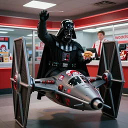 Movie scene; Darth Vader having undulating wildly to the Wendy's manager about his custom order being wrong, at Wendy's drive-through, sitting in his TIE FIGHTER.
