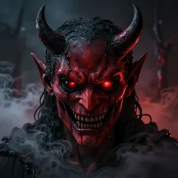a scary devil face with soft red and black with bloodshot and luminous eyes, against a hellish background with a lot of smoke, darkart, hyperdetailed, hyperealistic, cinematography, 16k, 3D, Artstation, Deviantart, very beautiful