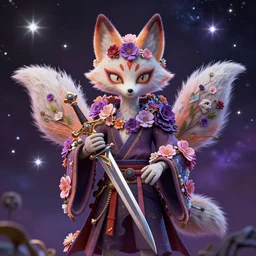 a stop motion avatar portrait of an awesome cosmic powerful kitsune fox mage being themed around death and the stars and the cosmos, covered in flowers, holding an enchanted dagger, in the style of dnd beyond avatar portraits, beautiful, artistic, elegant, lens flare, magical, lens flare, nature, realism, stylized, art by jeff easley