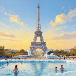 a painting of a ice sculture like the eiffel tower in paris with melting ice on the skyline of paris on a very sunny bright summer sunset day, very hot and the ice is melting fast and people are swimming in the icecream in the style of james jean